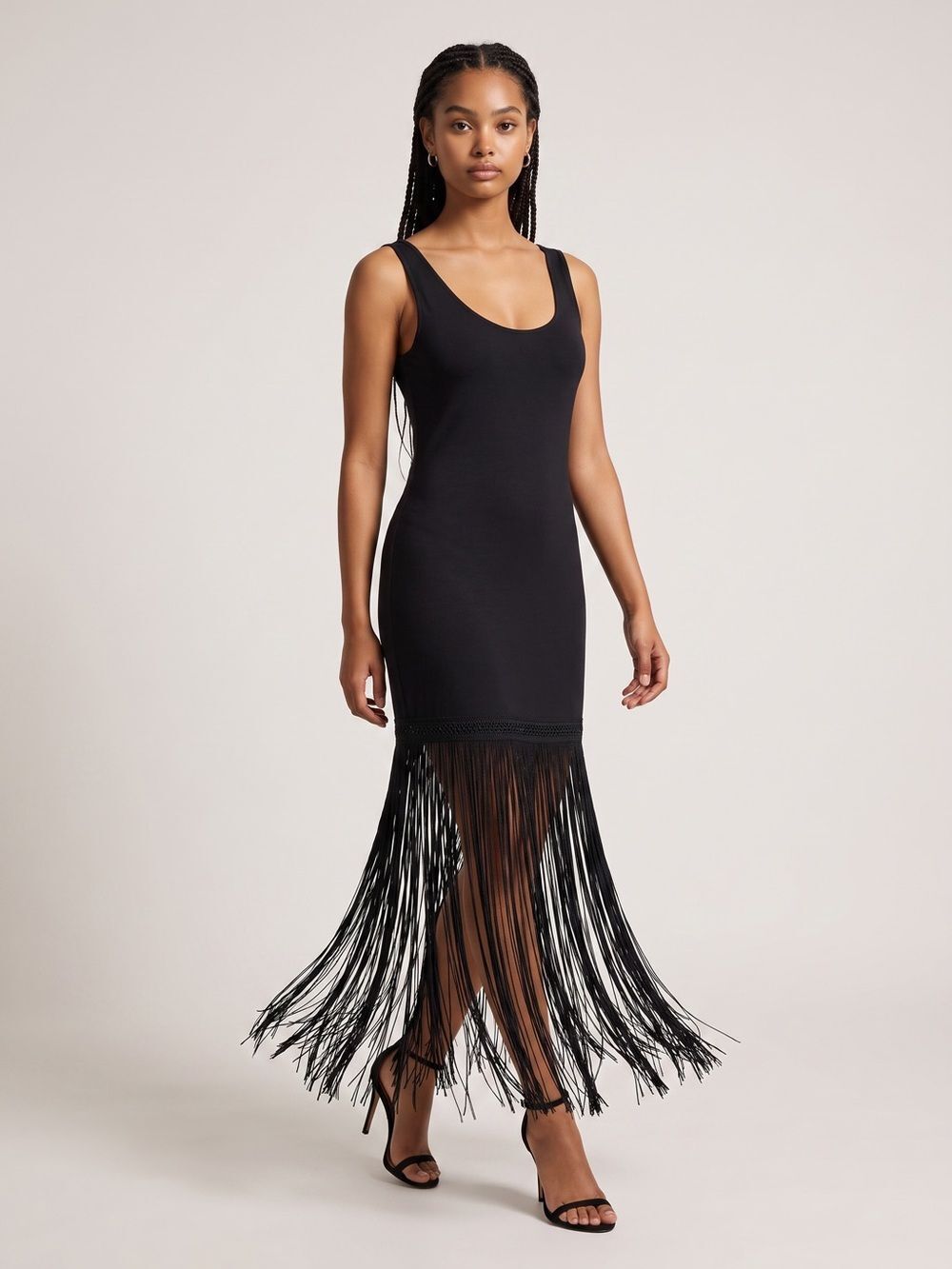 Vintage Addiction Studio Black Sleeveless Fringe Hem Bodycon Dress. Rave. Party